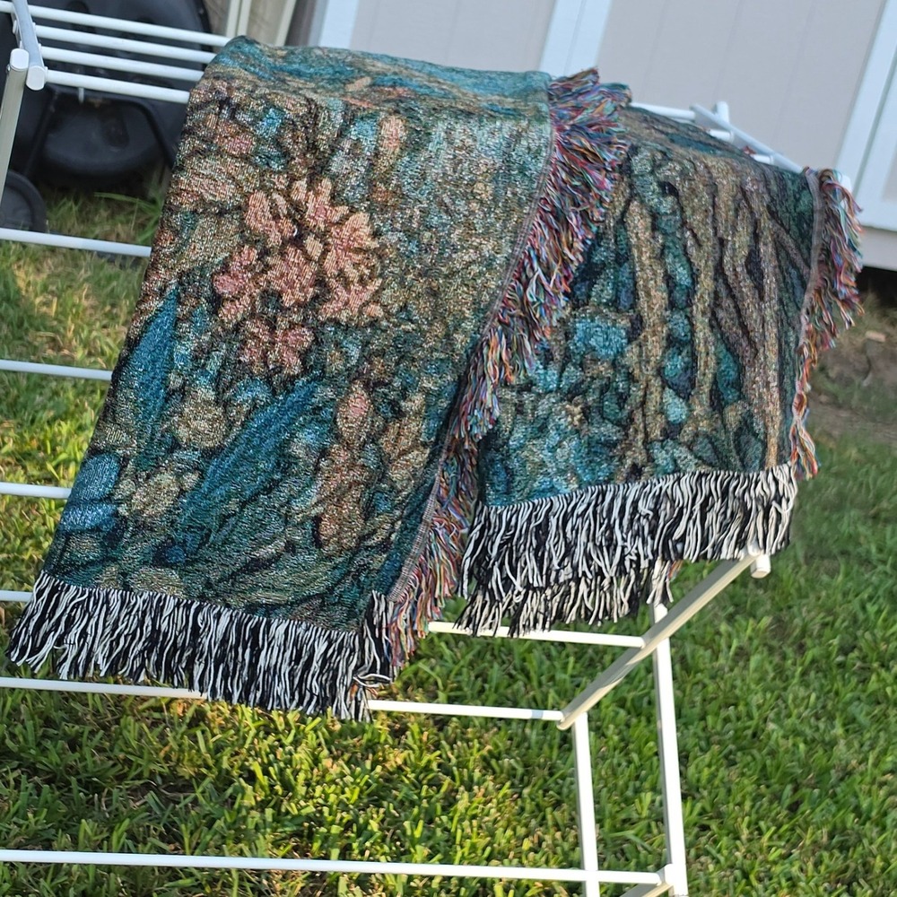 Woven Tapestry Throw Blanket Crescent Moon Tree Garden Fringe Blue Green Floral